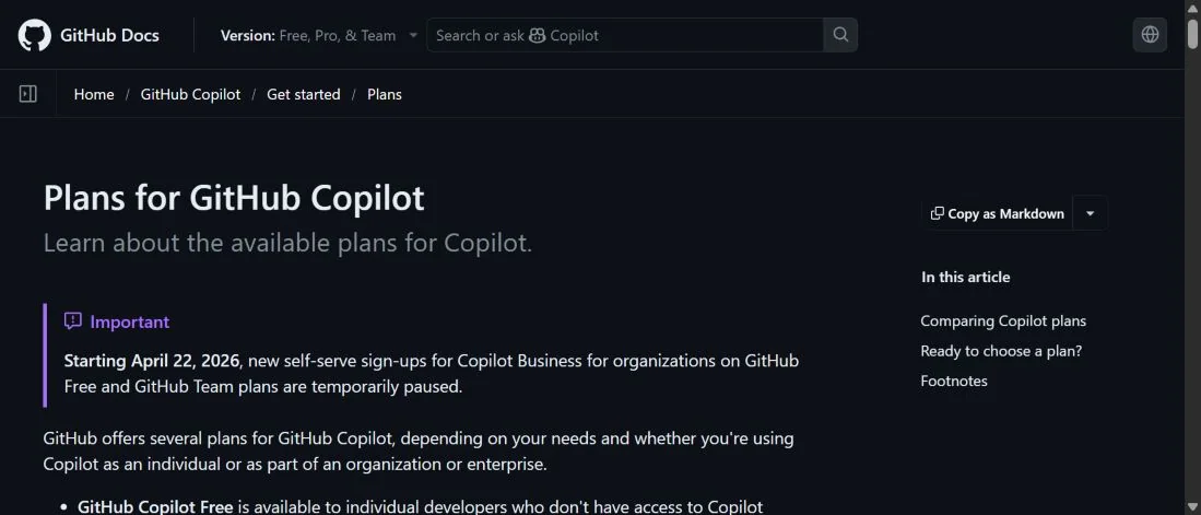 Англоязычная страница GitHub Docs с планами GitHub Copilot