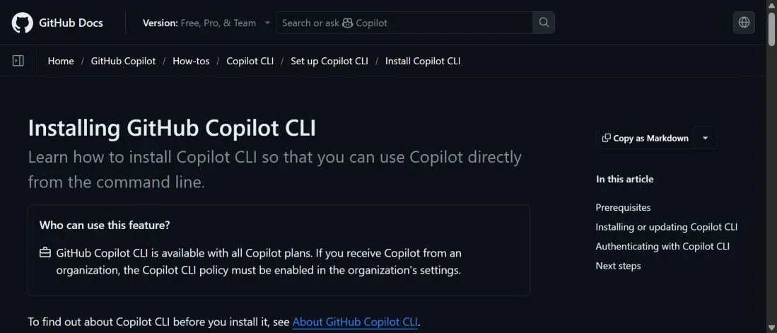 Англоязычная страница GitHub Docs с инструкцией по установке GitHub Copilot CLI