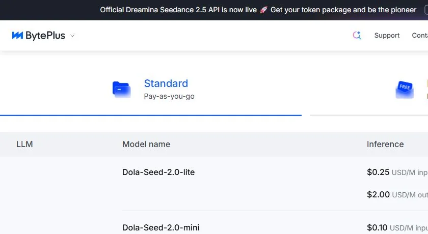 Таблица тарифов ModelArk для моделей Dola-Seed