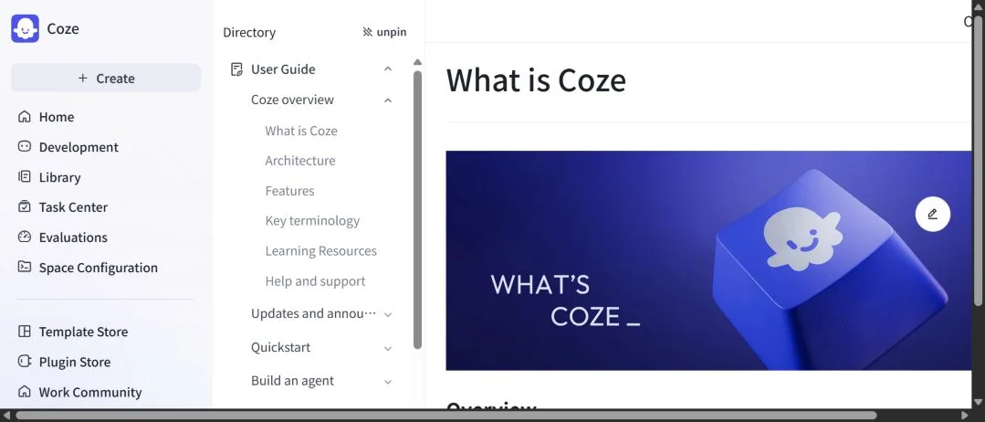 Разделы официальной документации Coze об агентах, workflows и базах знаний