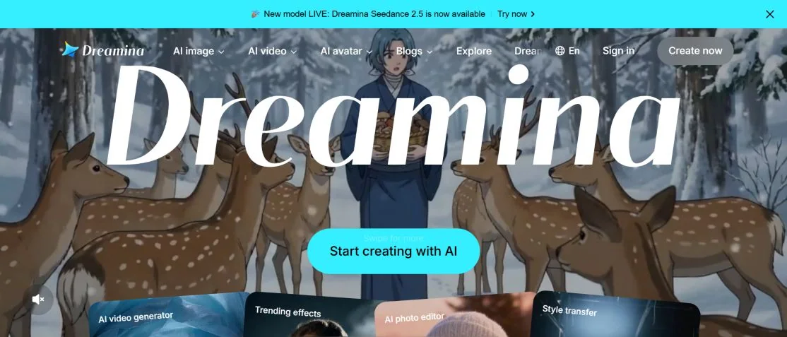 Главная страница Dreamina с разделами AI image, AI video и AI avatar