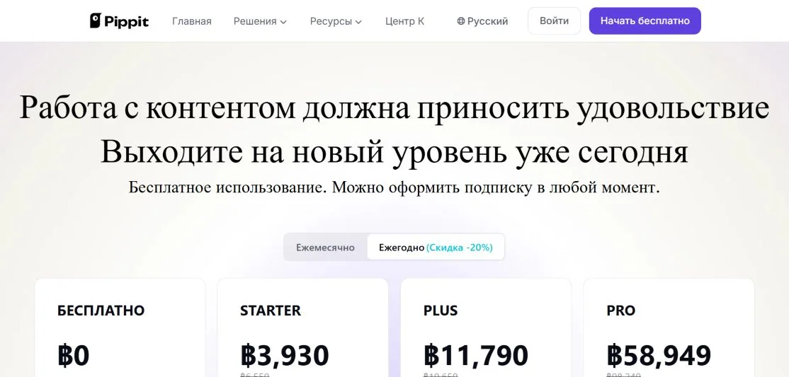 Публичная страница тарифов Pippit с бесплатным режимом и платными планами