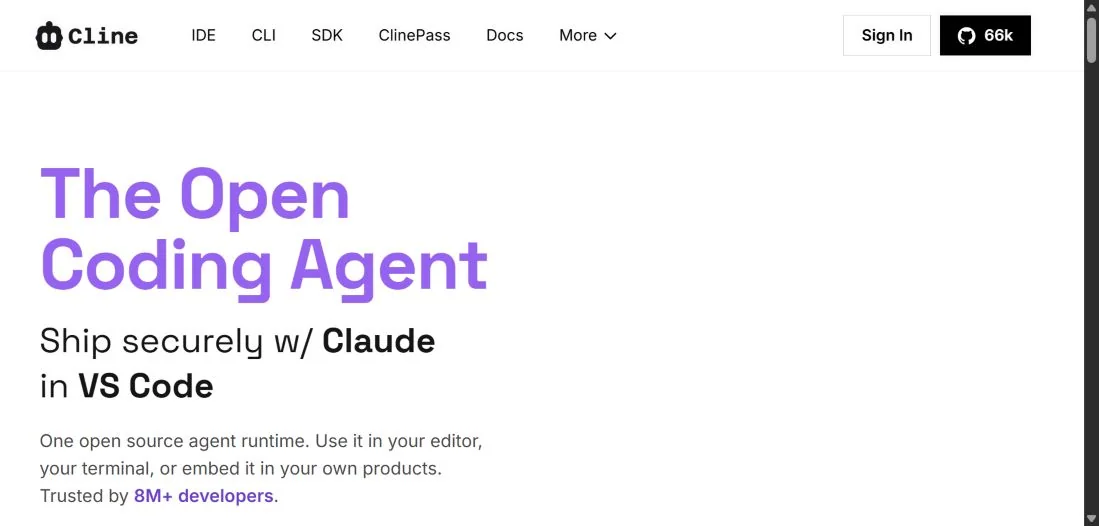 Главная страница Cline с навигацией по IDE, CLI и SDK