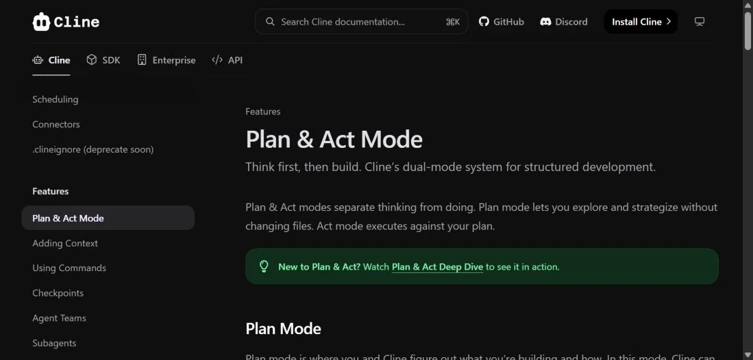 Документация Cline о режимах Plan и Act