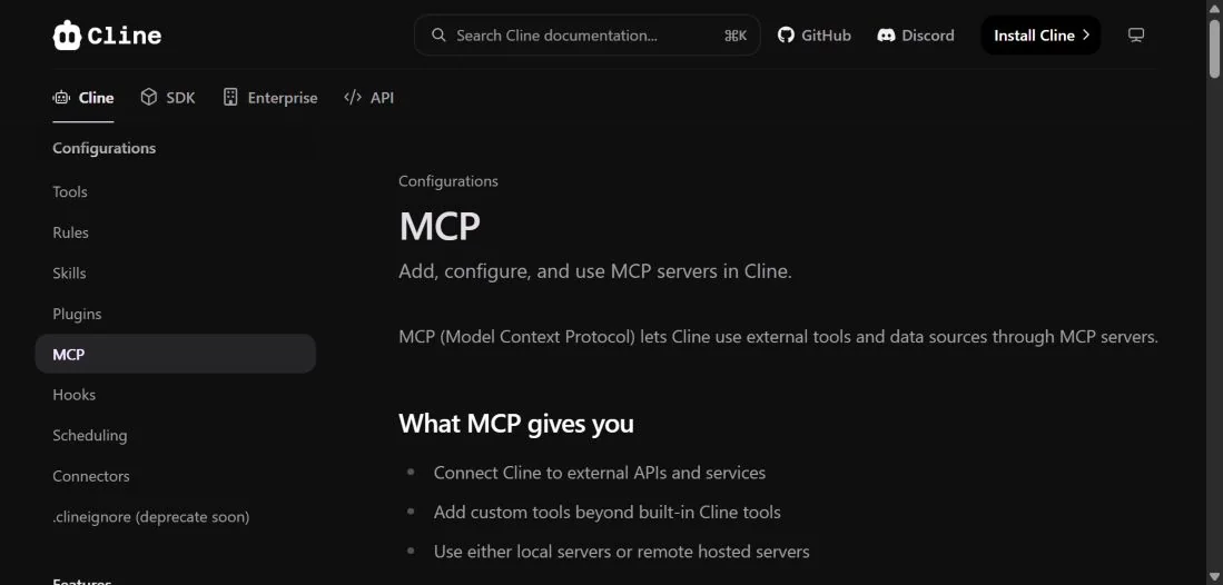 Документация Cline об использовании внешних инструментов через MCP