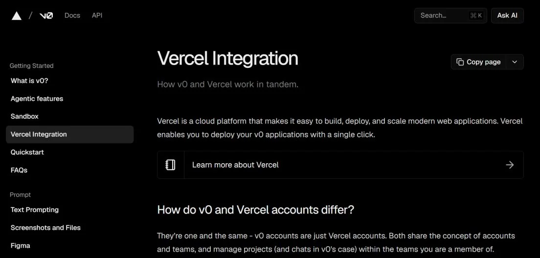 Документация v0 о связи аккаунта, проекта и развёртывания Vercel