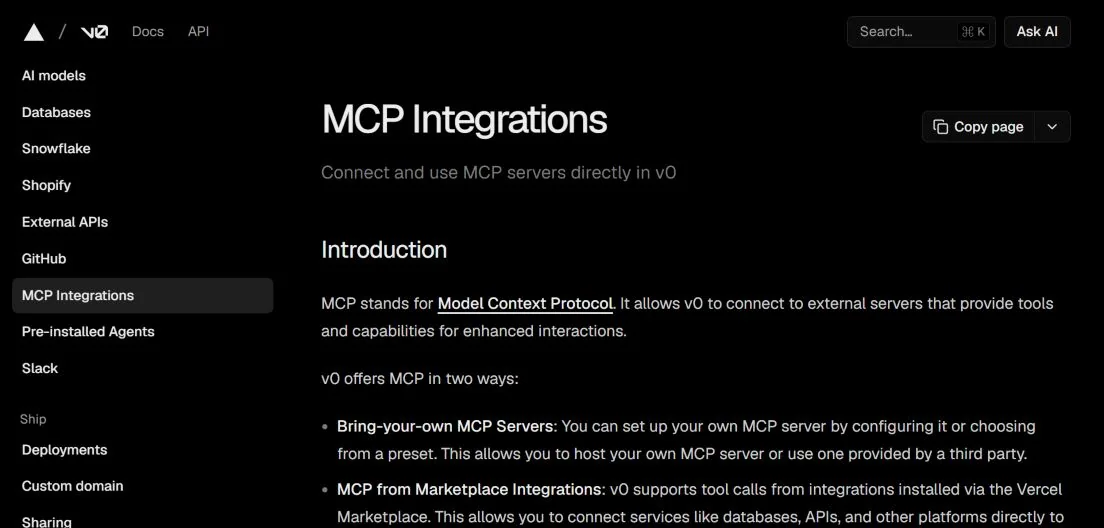 Документация v0 о подключении внешних MCP-серверов