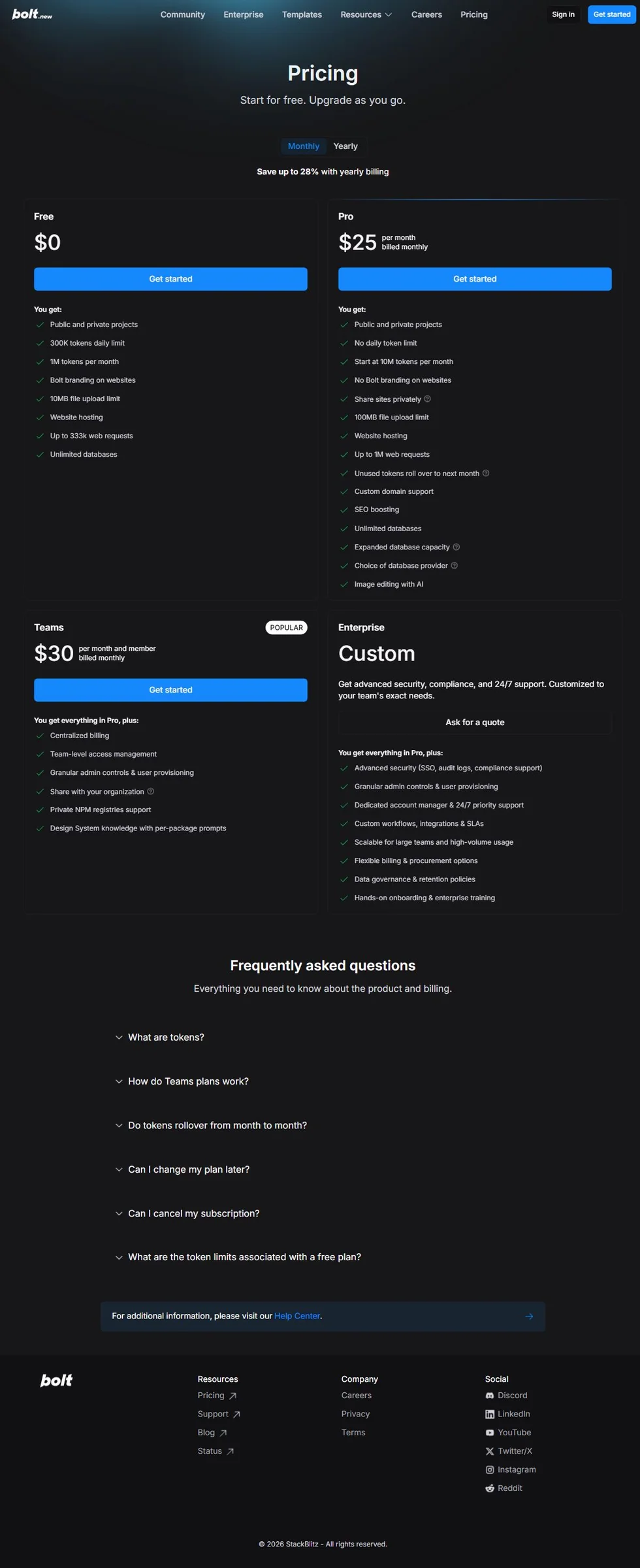 Страница тарифов Bolt.new с планами Free, Pro, Teams и Enterprise