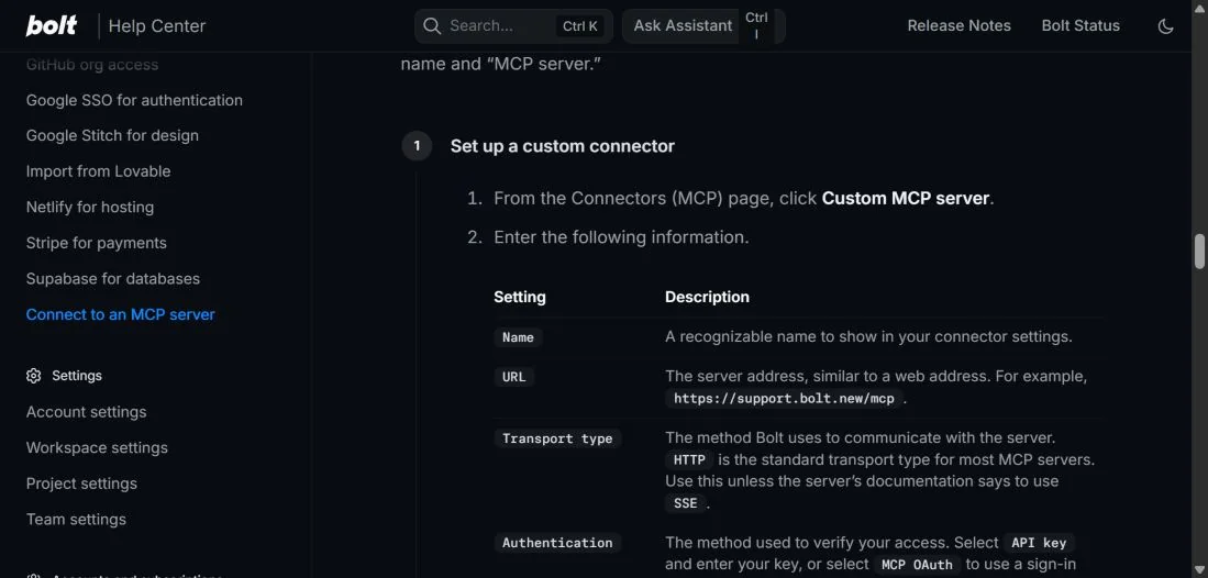 Документация Bolt.new по подключению пользовательского MCP-сервера