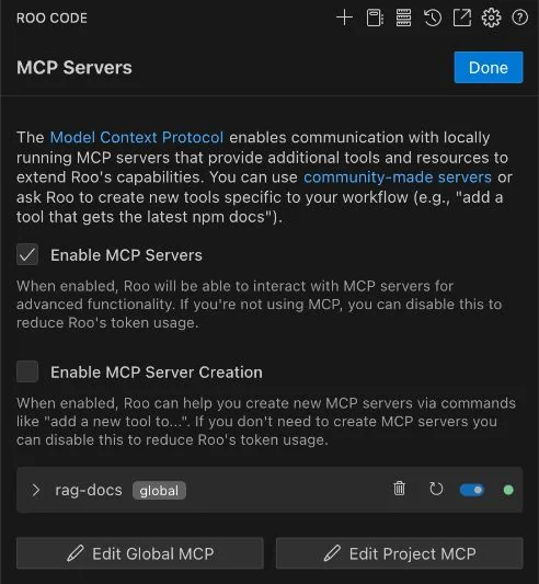 Историческая панель MCP Servers в Roo Code