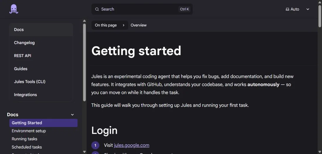 Документация Getting started Google Jules с разделом Login