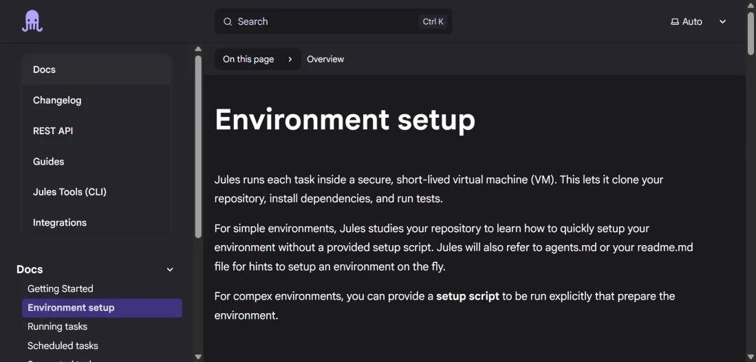 Документация Google Jules по настройке виртуального окружения