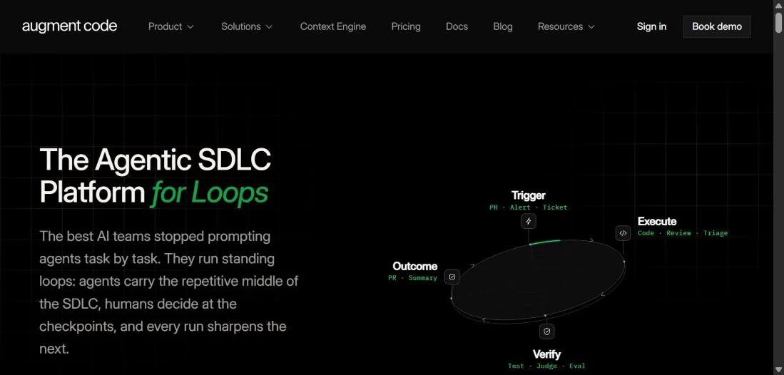 Главная страница Augment Code с платформой Agentic SDLC for Loops