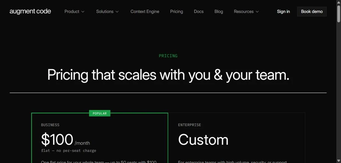 Тарифы Business и Enterprise на странице Augment Code