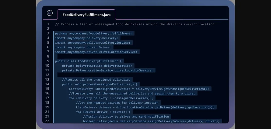 Пример Java-кода в официальном материале Amazon Q Developer