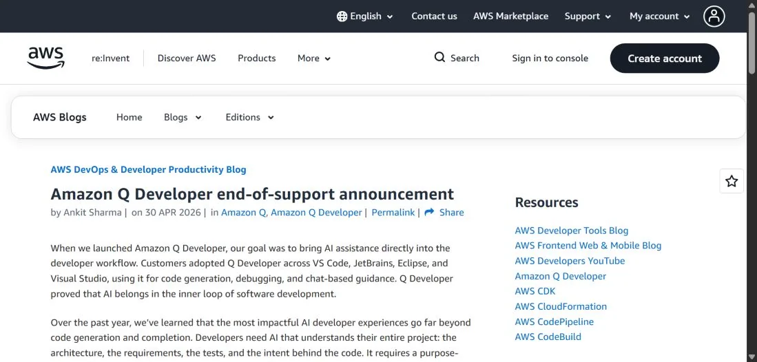 Страница AWS с объявлением о завершении поддержки Amazon Q Developer