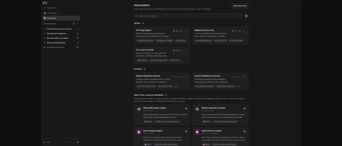 Список автоматизаций в OpenHands Agent Canvas