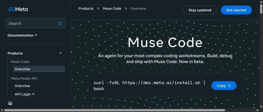Страница Muse Code Overview с beta-статусом и командой shell-установщика
