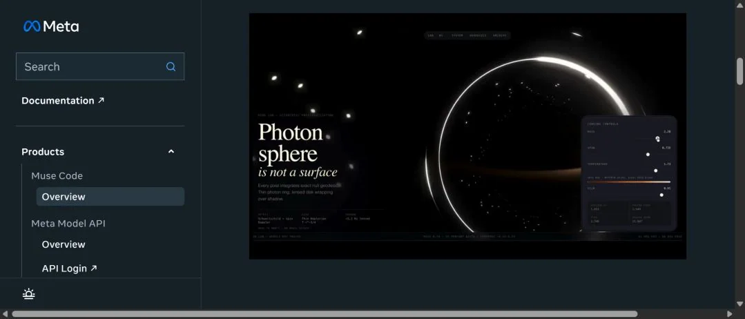 Встроенная демонстрация веб-проекта Photon sphere на странице Muse Code