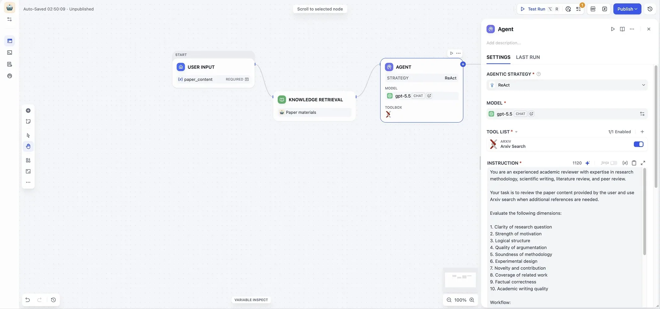 Настройка узла Agent в Dify: стратегия ReAct, модель, список инструментов и инструкция