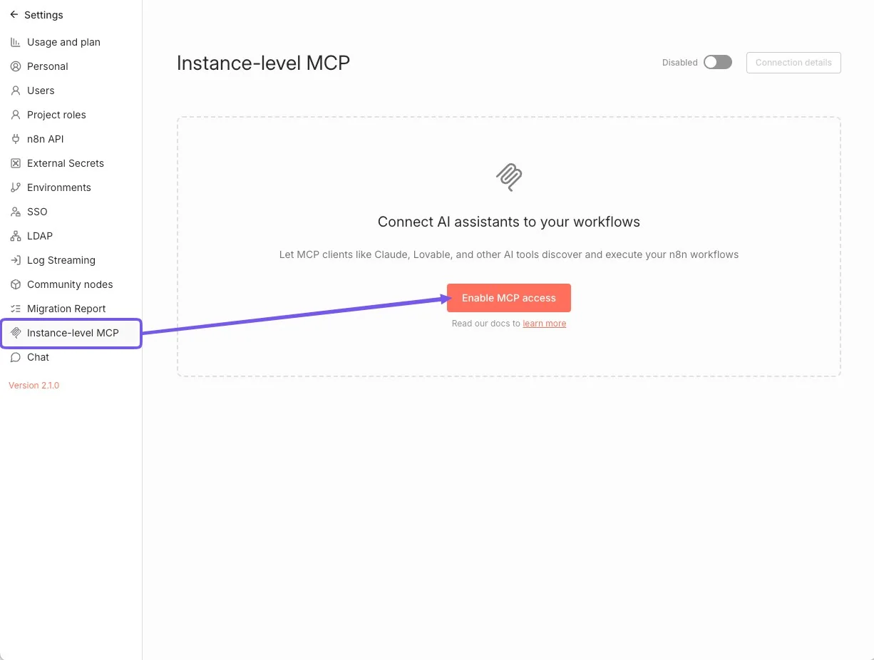 Переключатель доступа к MCP в настройках n8n