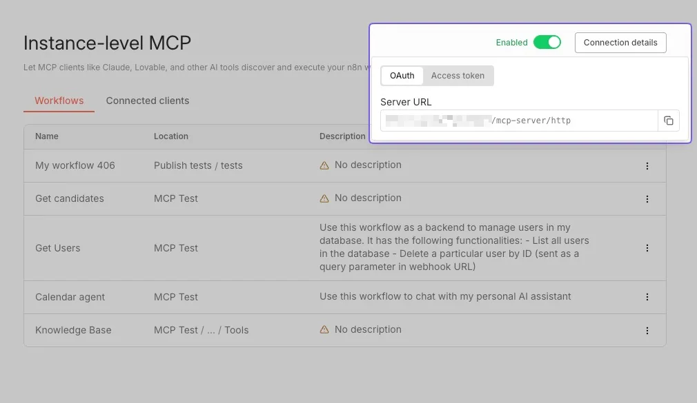 Параметры подключения MCP-клиента к n8n