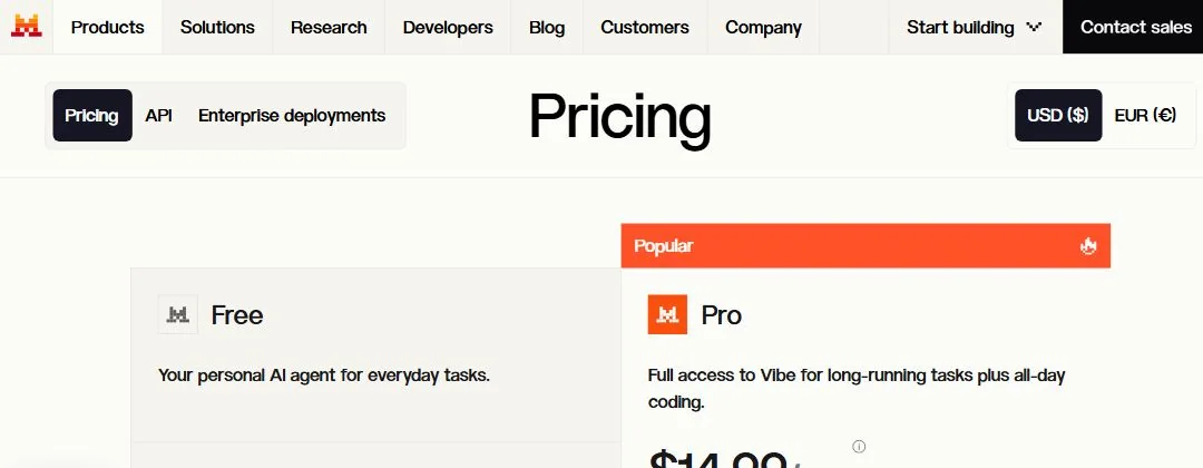 Страница тарифов Mistral Vibe с планами Free и Pro
