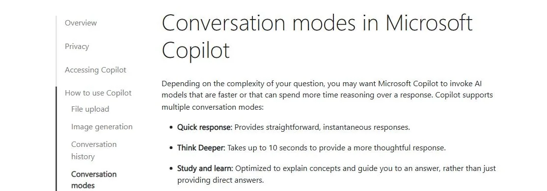 Справка Microsoft с перечнем режимов диалога Copilot