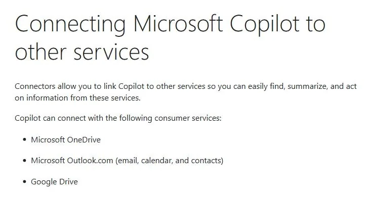Страница справки Microsoft Copilot о подключении внешних сервисов