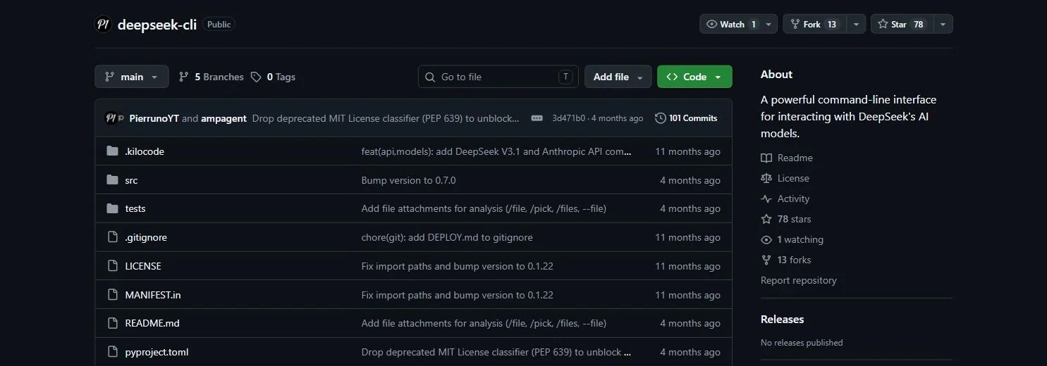 Репозиторий PierrunoYT deepseek-cli на GitHub