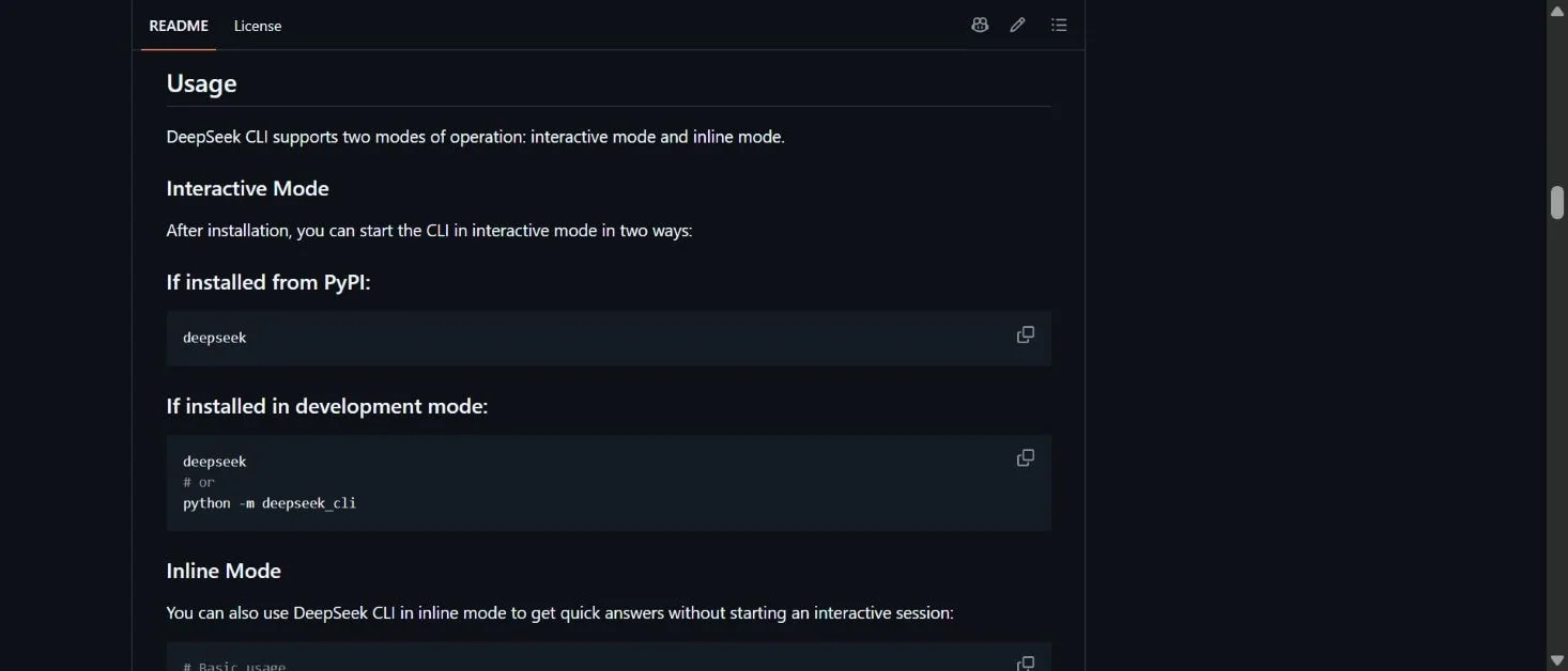 Раздел Usage в README с командами запуска DeepSeek CLI