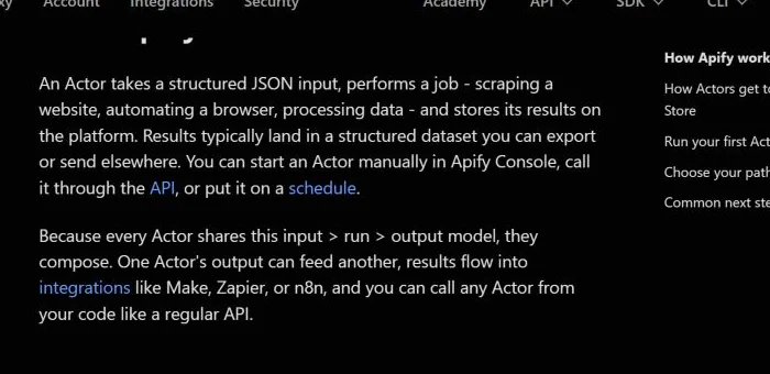 Документация Apify о модели Actor и Dataset