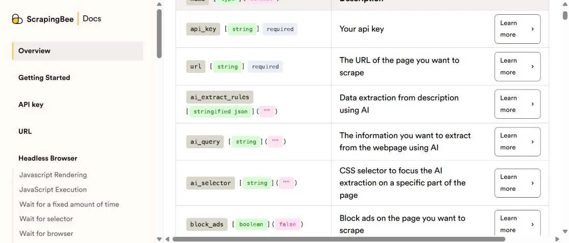 Документация ScrapingBee с параметрами HTML API