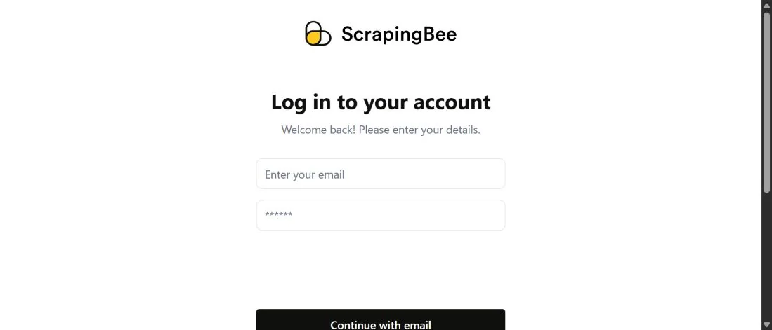 Страница входа в ScrapingBee dashboard