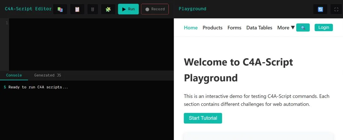 C4A-Script Editor с панелью кода и Playground