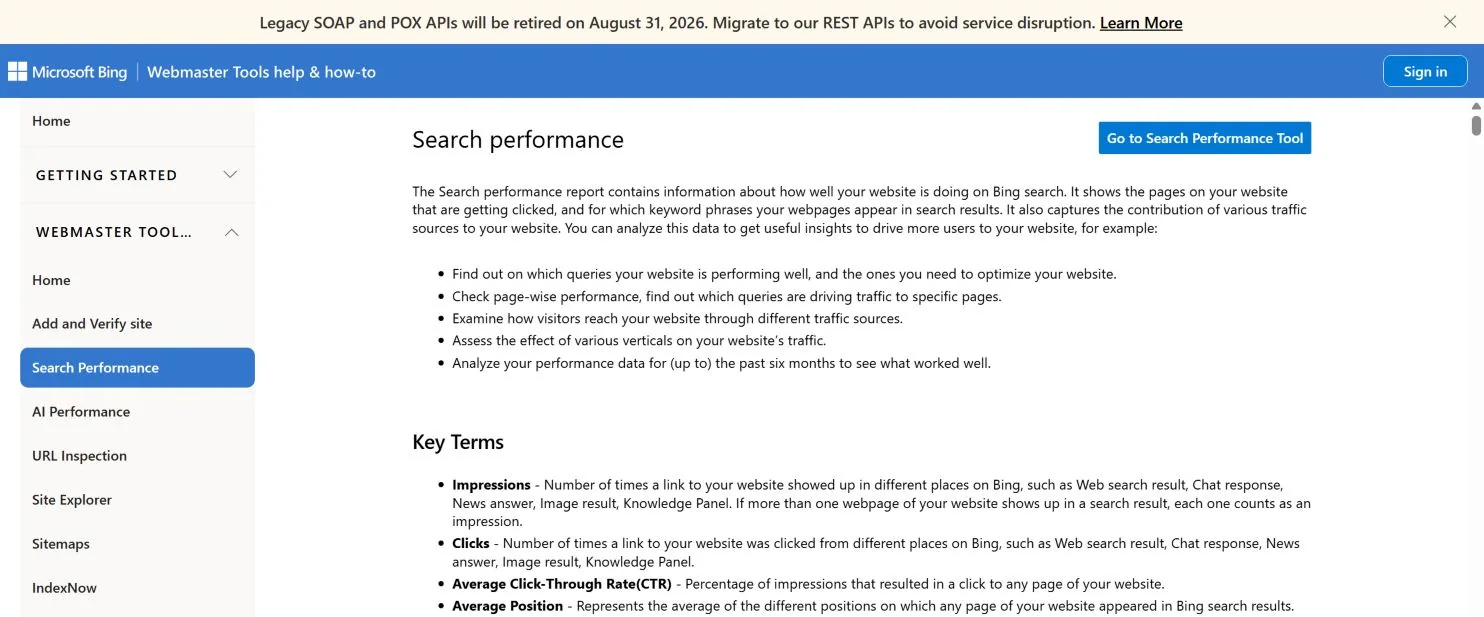 Официальная справка Bing Webmaster Tools об отчёте Search Performance