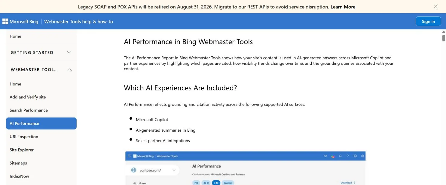 Официальная справка Bing Webmaster Tools об отчёте AI Performance