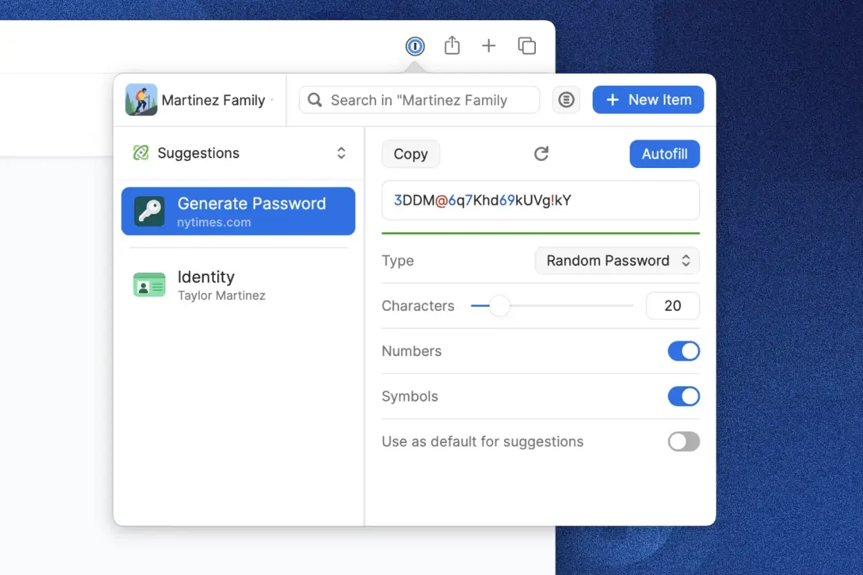 Генератор паролей в интерфейсе 1Password