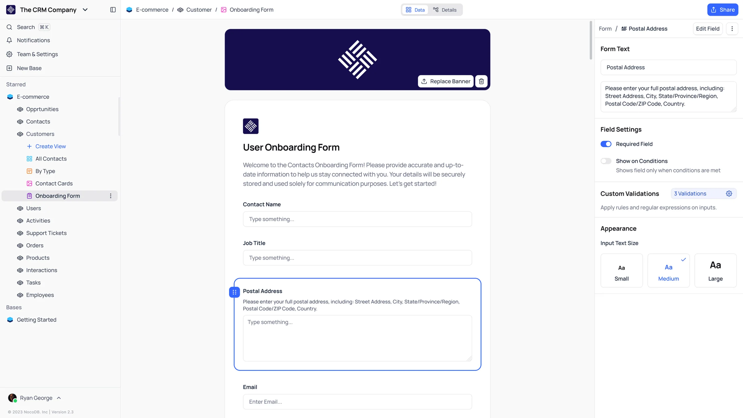 Редактор формы в интерфейсе NocoDB