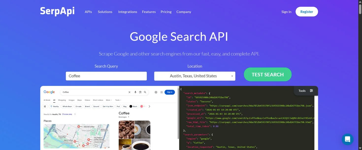 Playground SerpApi: запрос Coffee, локация Austin и сопоставление выдачи Google с JSON