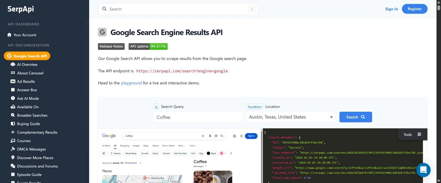Документация Google Search API в SerpApi: endpoint, поля запроса и демонстрация результата