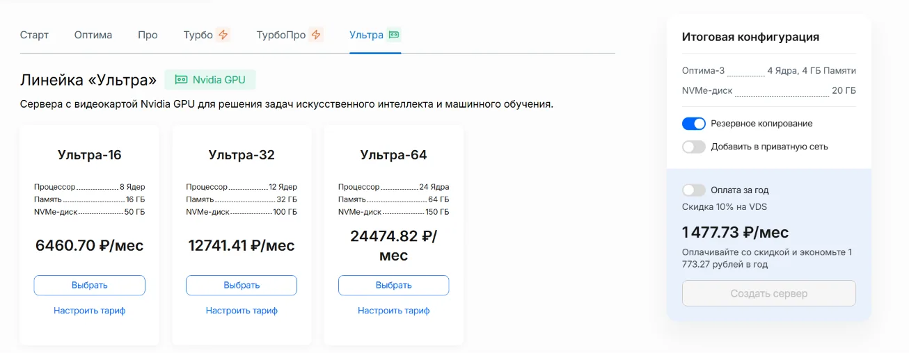 Тарифы VDS Ультра с Nvidia GPU в панели NetAngels
