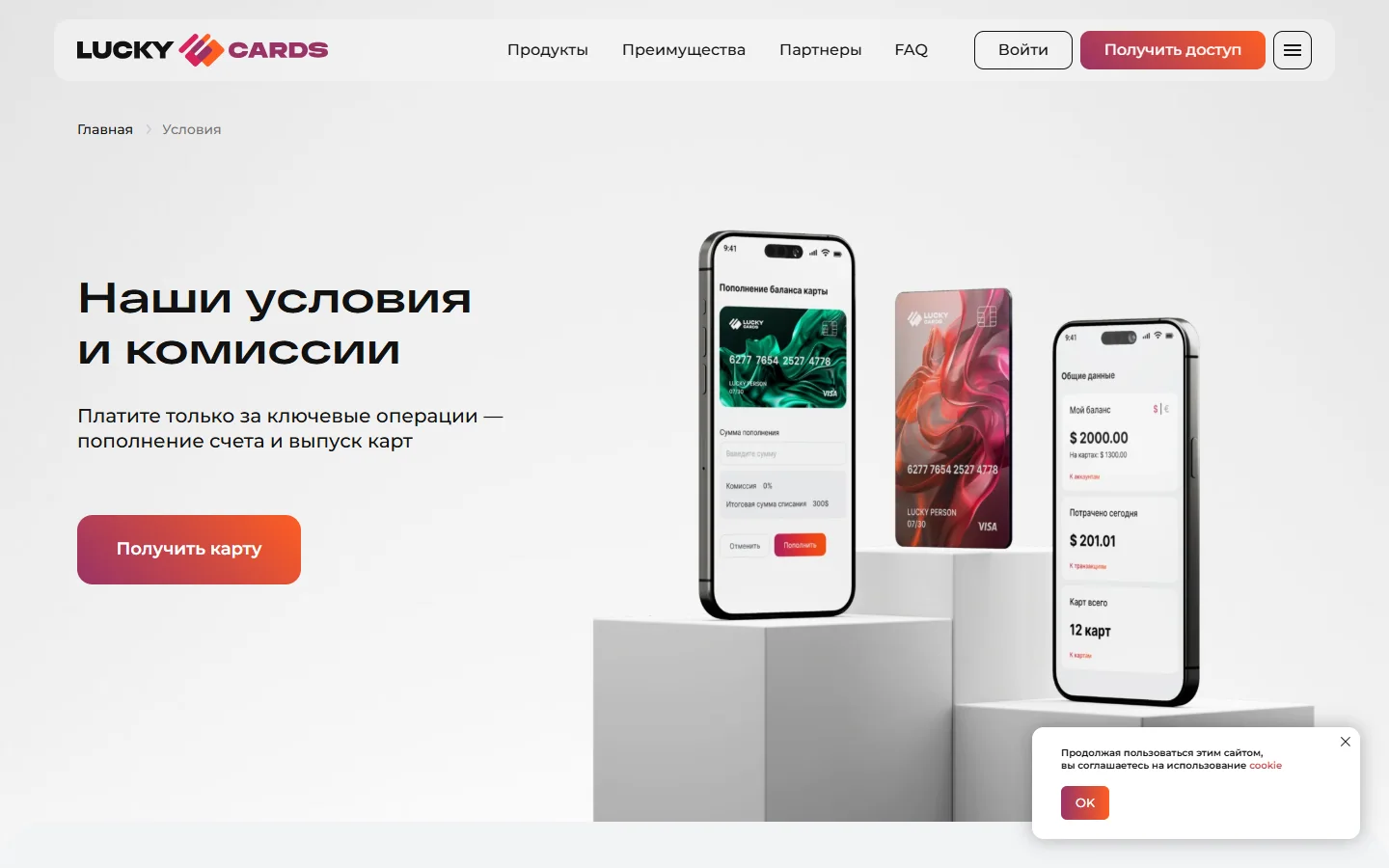 Страница условий и комиссий LuckyCards