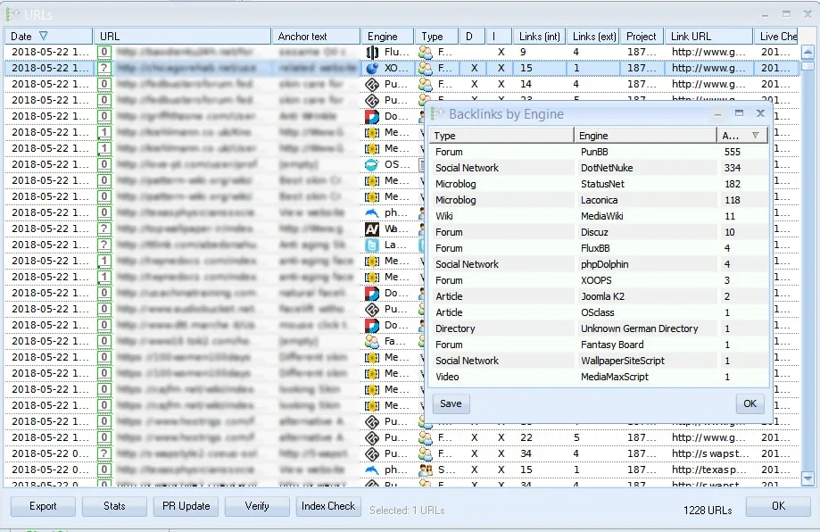 GSA Search Engine Ranker: список проверенных URL и распределение ссылок по движкам
