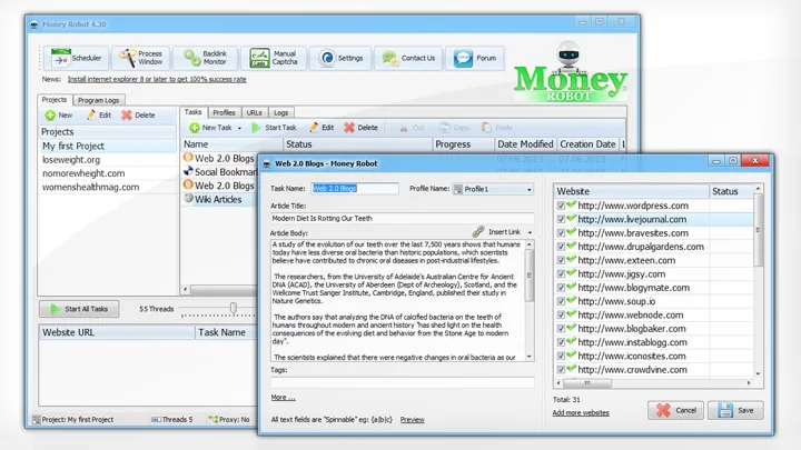 Старый интерфейс Money Robot с проектами, задачами и редактором публикации