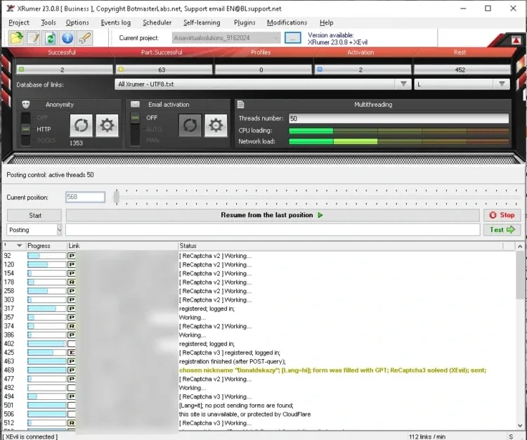Главное окно XRumer 23.0.8 с потоками, статусами и журналом размещения