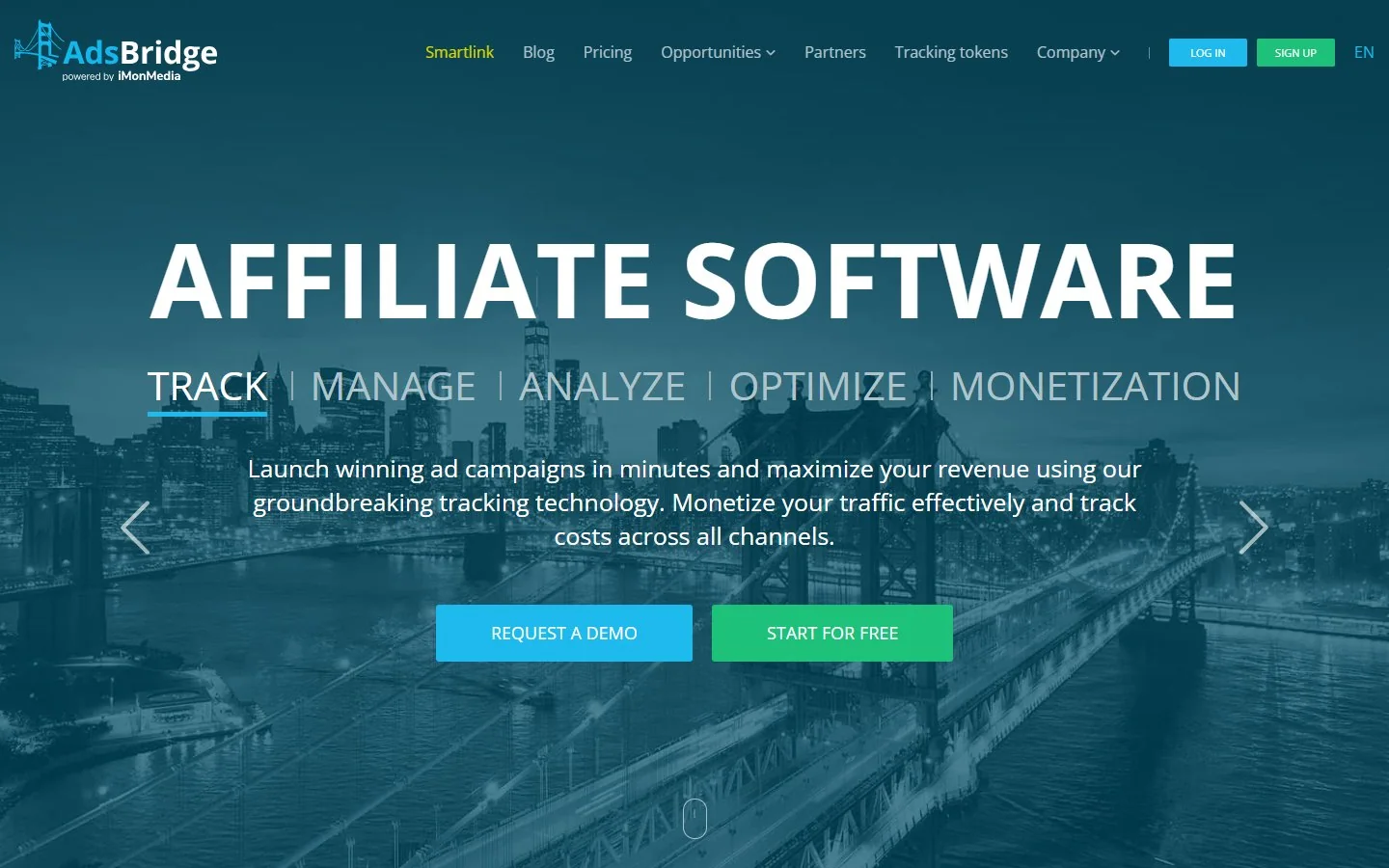 Главная страница AdsBridge: Affiliate Software, трекинг, управление, аналитика, оптимизация и монетизация трафика