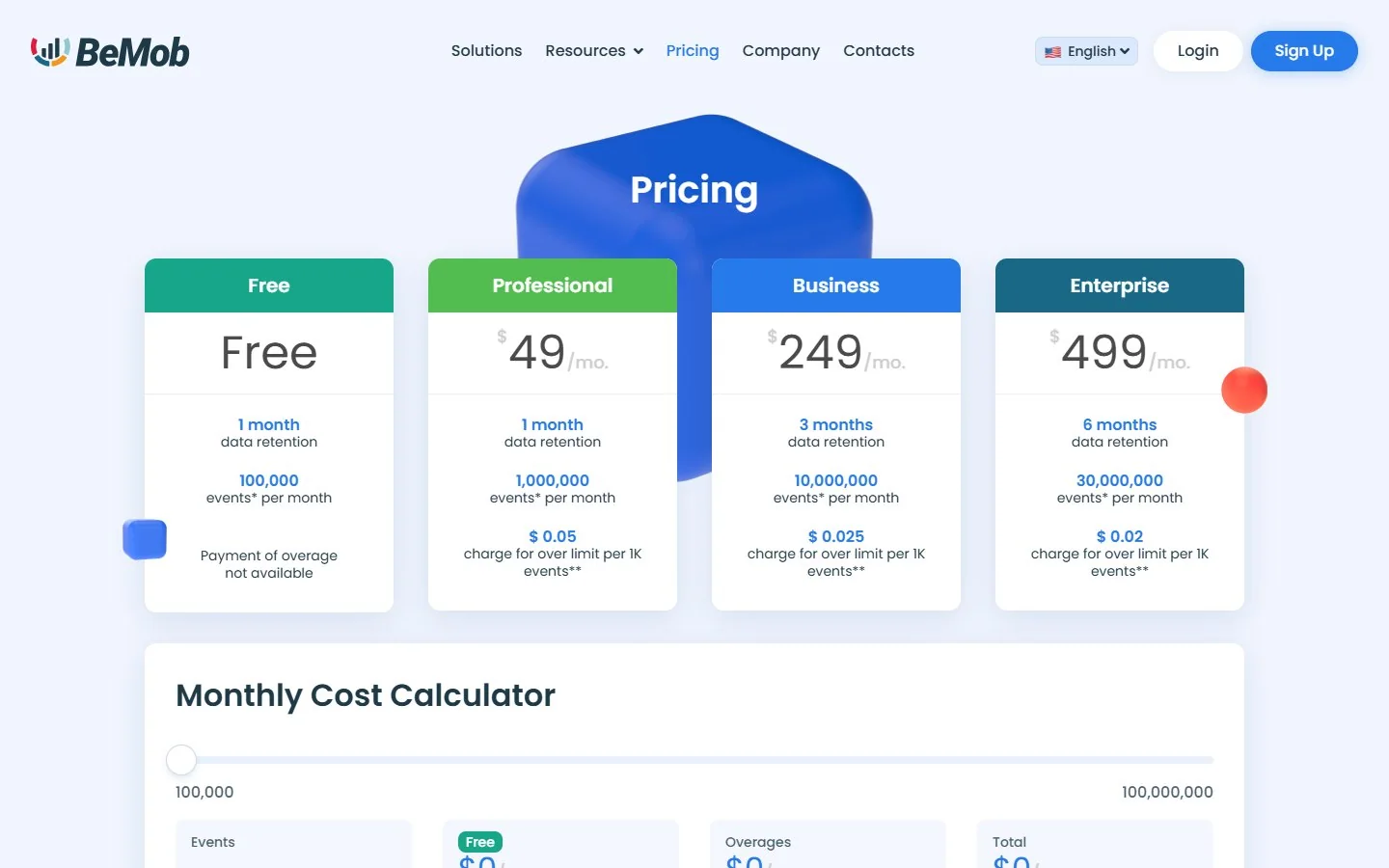 Страница тарифов BeMob: Free, Professional за 49 $, Business за 249 $ и Enterprise за 499 $ в месяц
