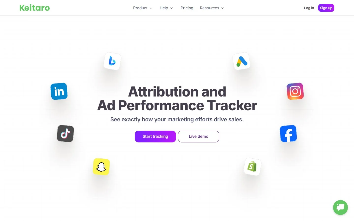 Главная страница Keitaro: заголовок Attribution and Ad Performance Tracker и логотипы рекламных платформ