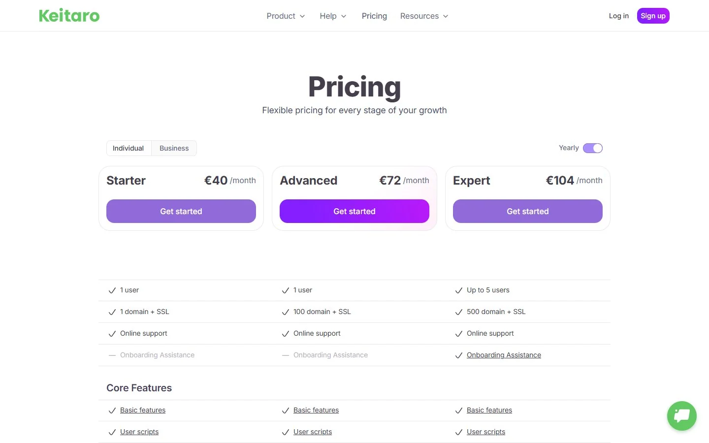 Страница тарифов Keitaro с планами Starter, Advanced и Expert при годовой оплате